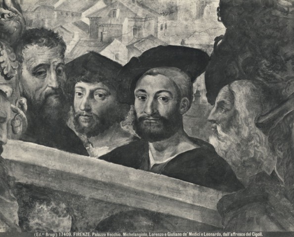Brogi — Firenze. Palazzo Vecchio. Michelangiolo, Lorenzo e Giuliano de' Medici e Leonardo, dall'affresco del Cigoli. — particolare